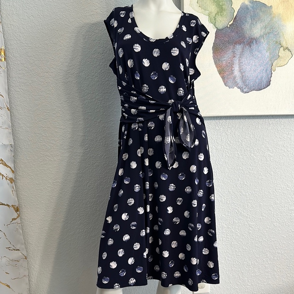 Chaus Stylish Navy Polka Dot Dress with Tie Waist